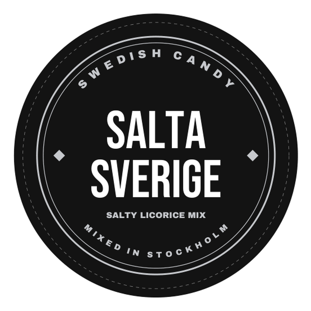 Salta Sverige — salty licorice mix label, mixed in Stockholm