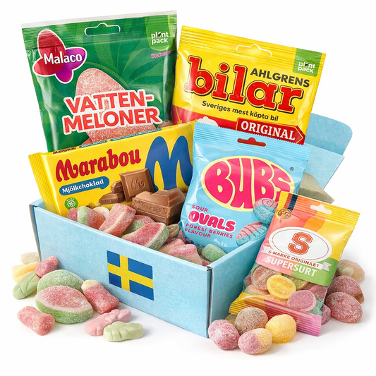 Swedish candy starter pack — a ready-made lördagsgodis box with Malaco, Marabou, BUBS and Ahlgrens Bilar