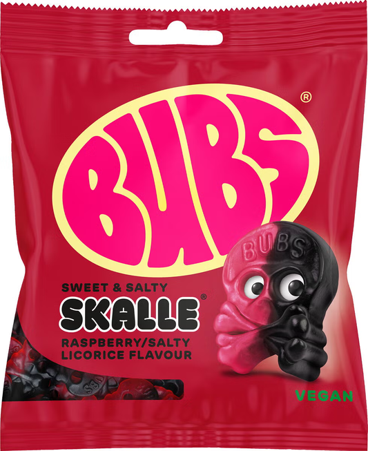 BUBS Godis Sweet & Salty Raspberry Salty Licorice Skalle 156g bag