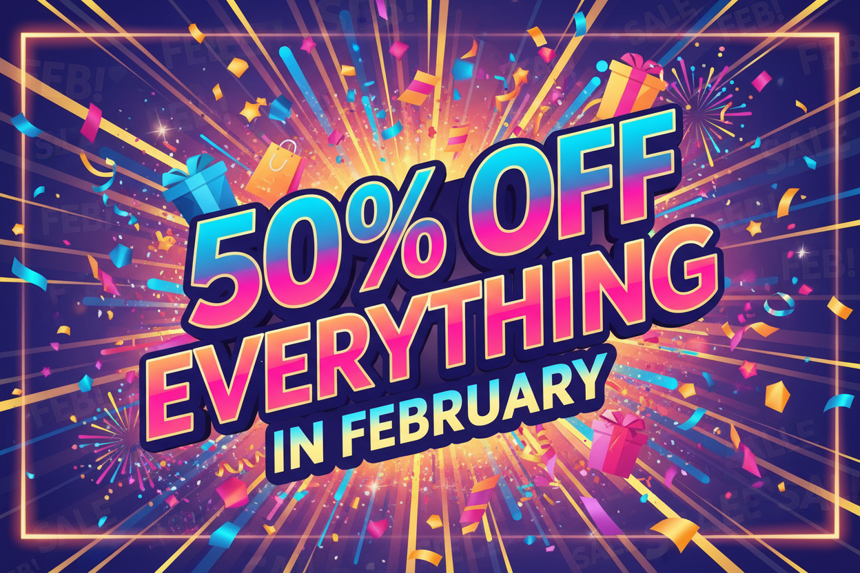 Make a flashy image that showcases to the customer that everything is 50% off in February.