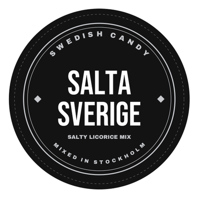 Salta Sverige — salty licorice mix label, mixed in Stockholm