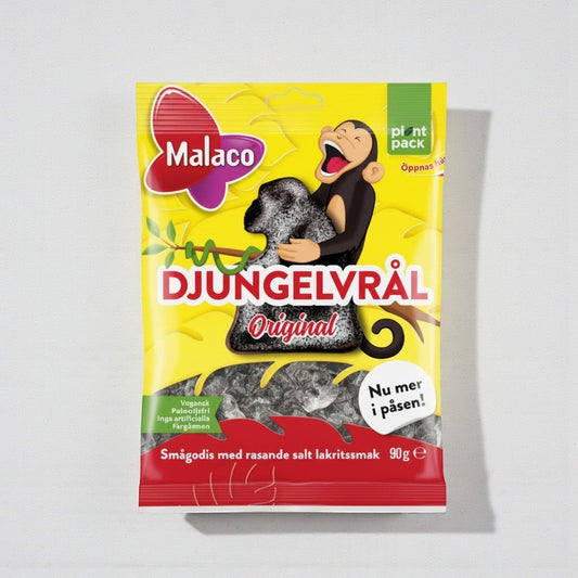 SwedishCandyNow Malaco Djungelvrål Original salty licorice candy with monkey illustration, 90g.